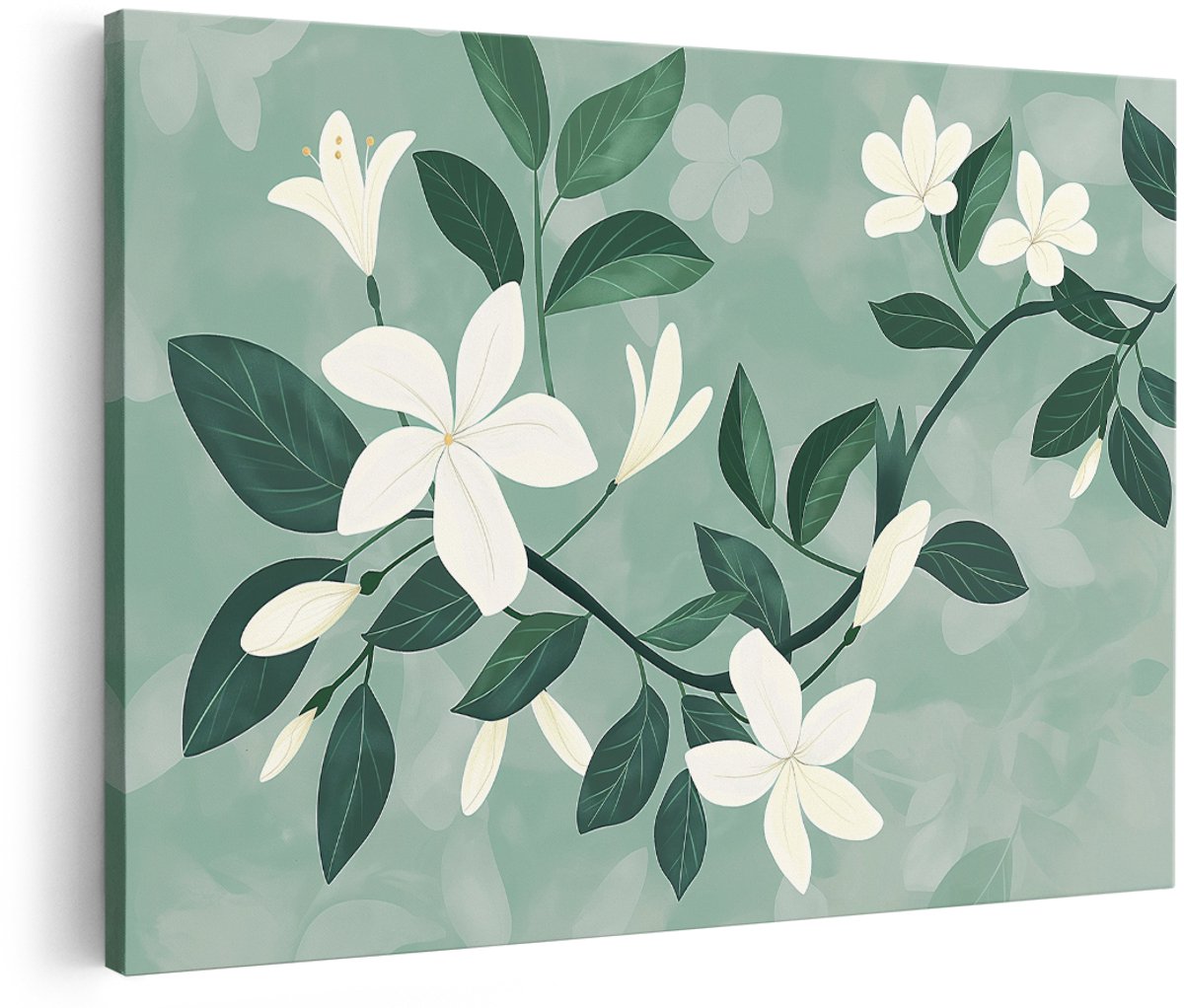 Artaza Canvas Schilderij Jasmijn Bloemen - 180x120 cm - Groot - Wanddecoratie Bloemen - Muurdecoratie Japandi - Decoratie Woonkamer - Groen