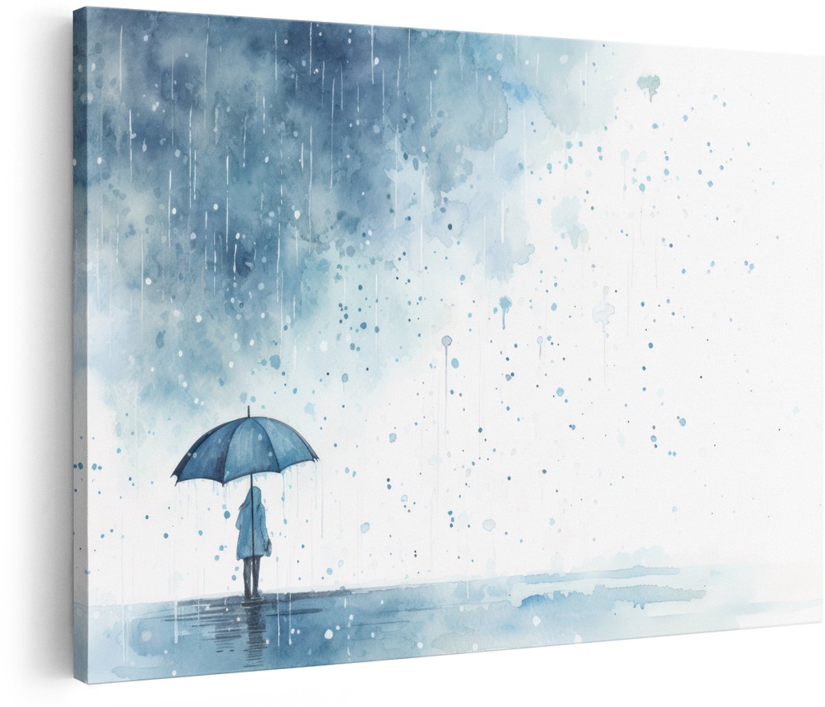 Artaza Canvas Schilderij Vrouw Met Paraplu - 180x120 cm - Groot - Wanddecoratie Aquarel Regen - Muurdecoratie Landschap - Schilderijen Op Canvas Blauw