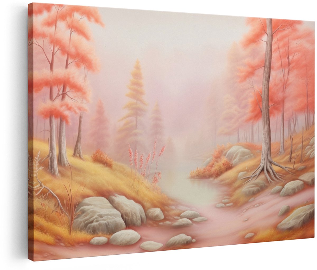 Artaza Canvas Schilderij Herfstbos - 180x120 cm - Groot - Wanddecoratie Landschap - Muurdecoratie Bomen - Decoratie Woonkamer Natuur - Pastel