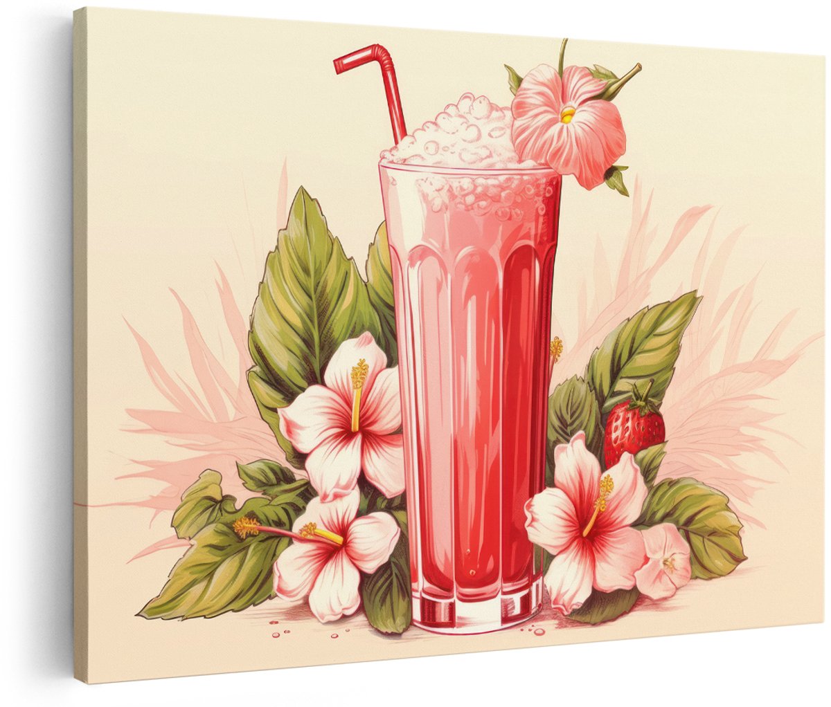 Artaza Canvas Schilderij Aardbeien Smoothie - 180x120 cm - Groot - Wanddecoratie Tropische Bloemen - Muurdecoratie Hibiscus - Decoratie Keuken Vintage