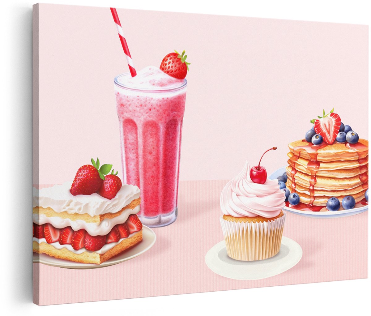 Artaza Canvas Schilderij Desserts - 180x120 cm - Groot - Wanddecoratie Aardbeientaart - Muurdecoratie Milkshake - Schilderijen Eten Roze