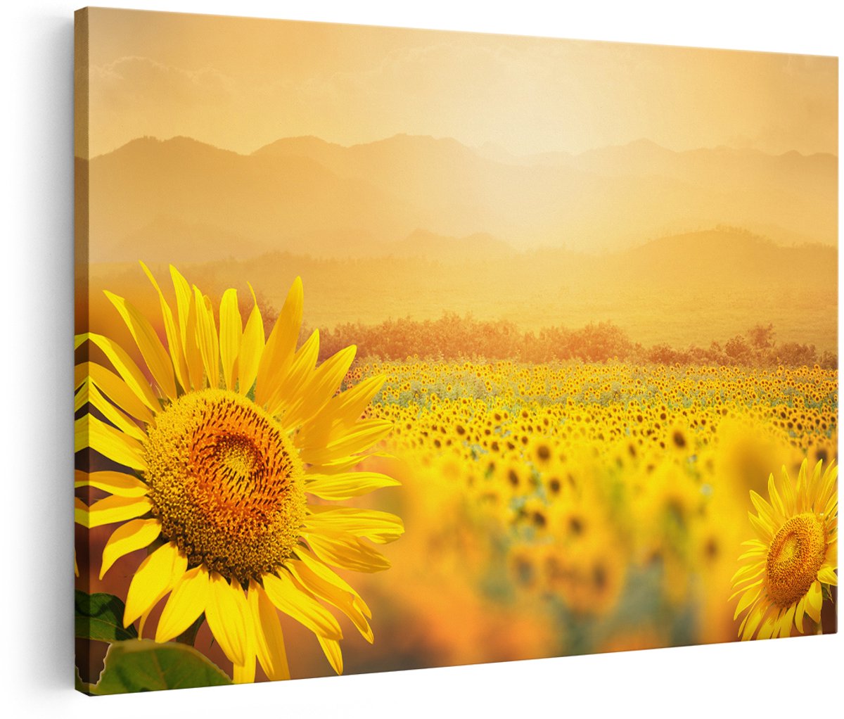 Artaza Canvas Schilderij Zonnebloemen Veld Met Zonopkomst - 180x120 cm - Groot - Wanddecoratie Woonkamer - Schilderijen - Muurdecoratie