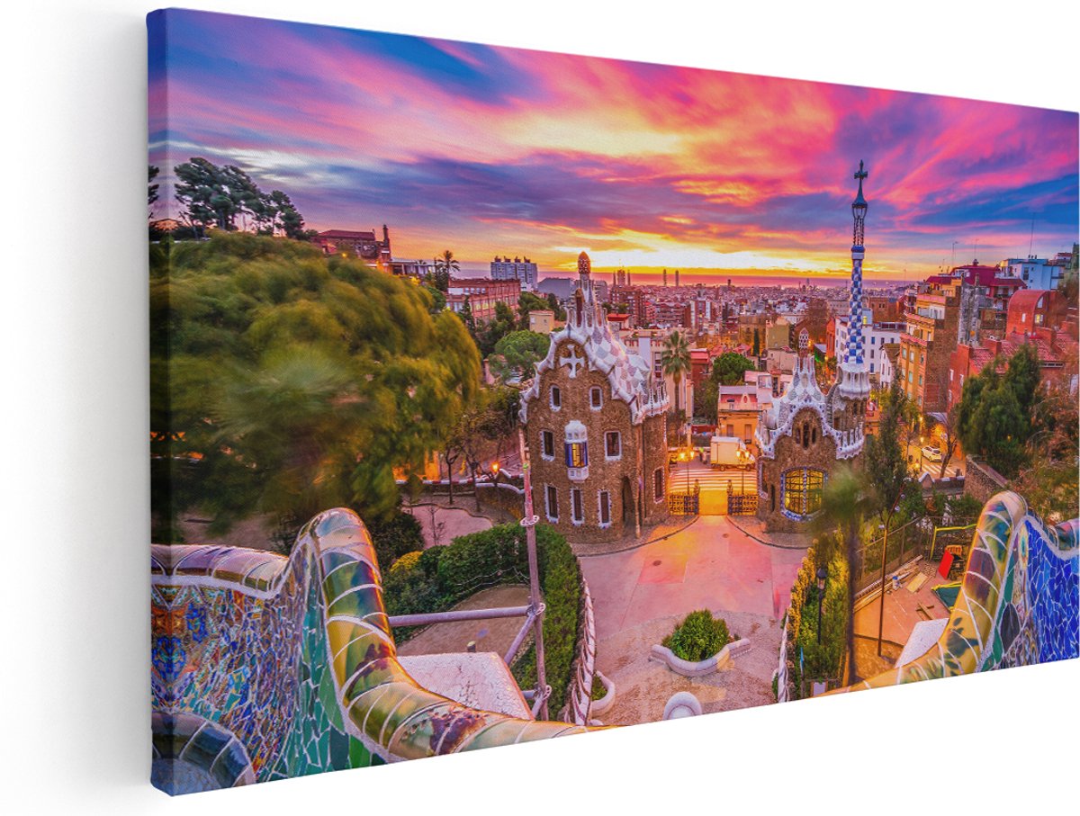 Artaza Canvas Schilderij Park Güell Uitzicht op Barcelona - 180x90 cm - Groot - Wanddecoratie Woonkamer - Schilderijen - Muurdecoratie