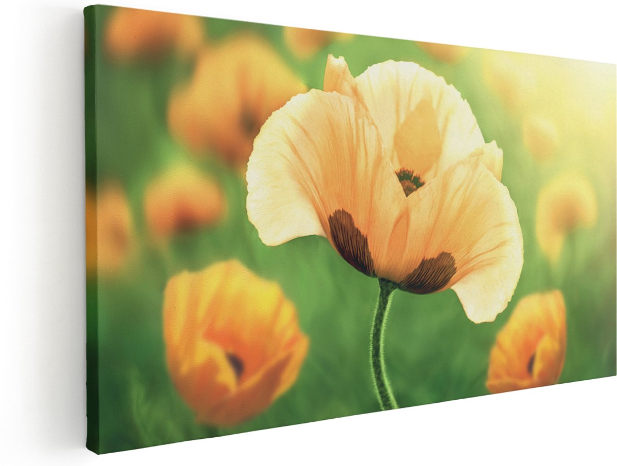 Artaza Canvas Schilderij Oranje Klaproos Bloemen - 180x90 cm - Groot - Wanddecoratie Woonkamer - Schilderijen - Muurdecoratie