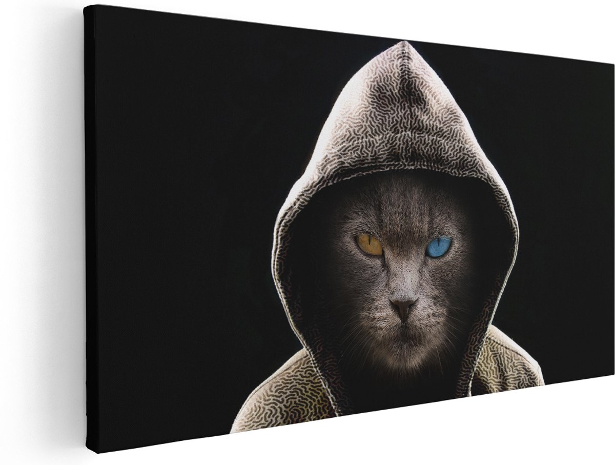 Artaza Canvas Schilderij Boze Kat Draagt Een Hoodie - 180x90 cm - Groot - Wanddecoratie Woonkamer - Schilderijen - Muurdecoratie