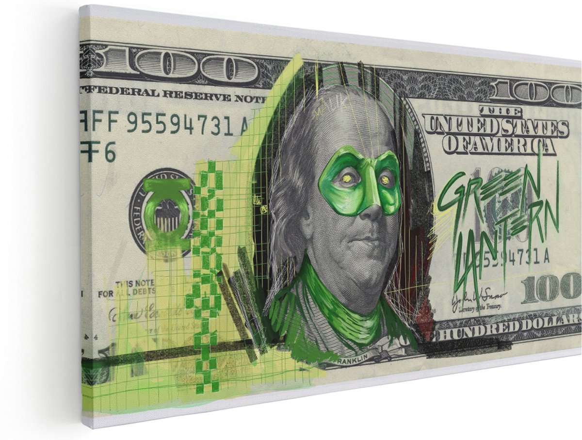 Artaza Canvas Schilderij Benjamin Franklin - 180x90 cm - Groot - Wanddecoratie Green Lantern - Muurdecoratie Dollar - Popart Schilderijen Groen