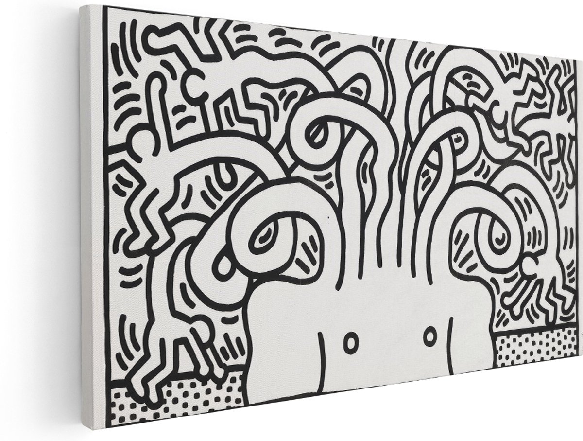 Artaza Canvas Schilderij Abstract Keith Haring - 180x90 cm - Groot - Wanddecoratie Modern - Muurdecoratie Zwart Wit - Kamer Accessoires Pop Art