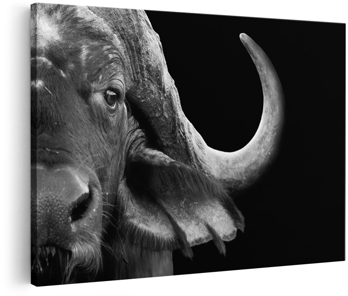 Artaza Canvas Schilderij Buffel - Buffelkop - Zwart Wit - 180x120 cm - Groot - Foto Op Canvas - Wanddecoratie Woonkamer