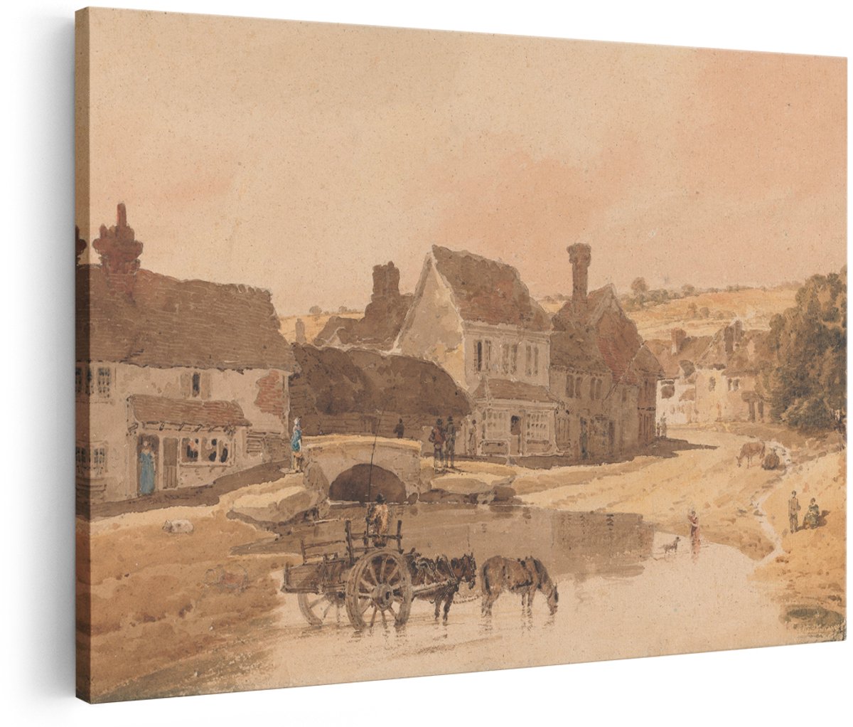 Artaza Canvas Schilderij Dorpsgezicht - 180x120 cm - Groot - Wanddecoratie Landelijk - Muurdecoratie Paarden - Decoratie Landschap Klassiek