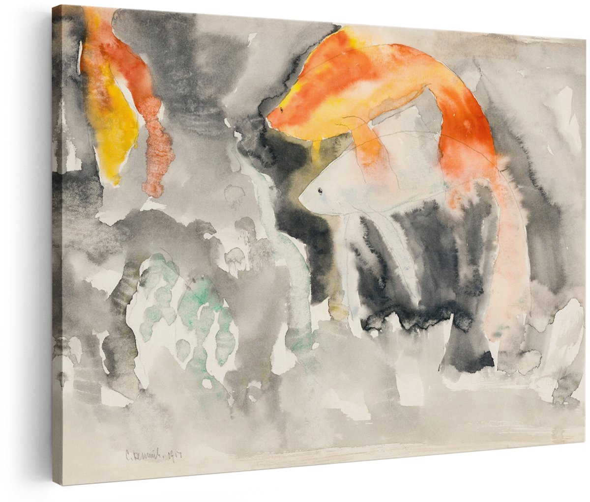 Artaza Canvas Schilderij Koi Vissen - 180x120 cm - Groot - Wanddecoratie Abstract - Muurdecoratie Aquarel - Decoratie Vis - Oranje
