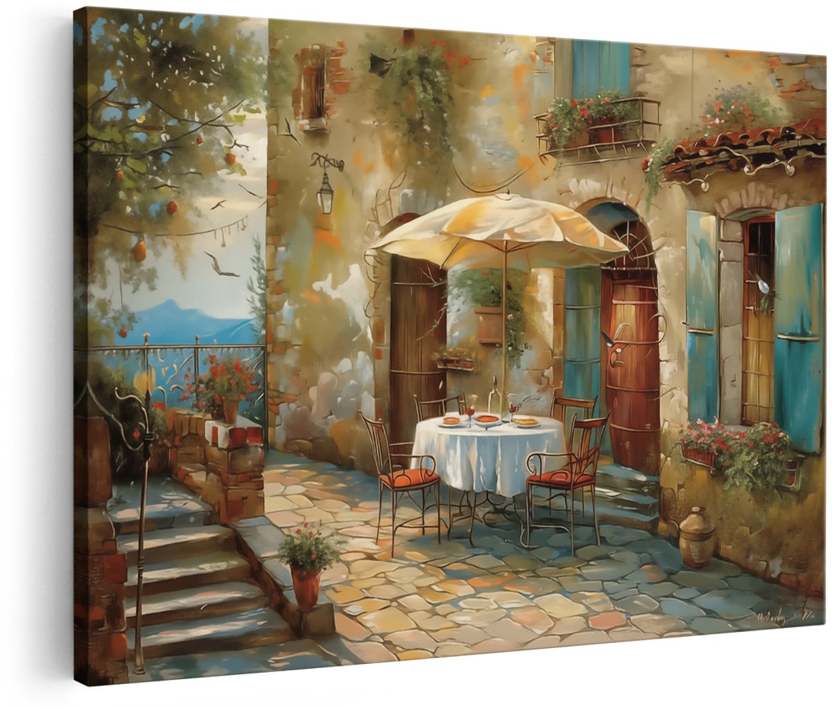Artaza Canvas Schilderij Kunstwerk van een Tafel en Stoelen op een Binnenplaats - 180x120 cm - Groot - Wanddecoratie Woonkamer - Schilderijen - Muurdecoratie