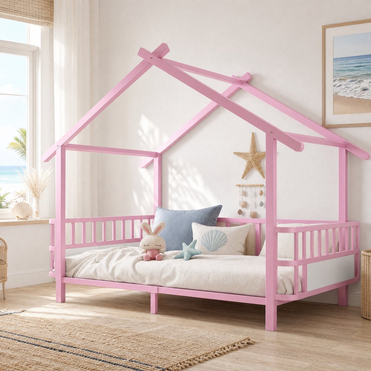 Kinderbed Normaal Bed 90 x 200 cm Metaal Roze Huisvorm Met Veiligheidsgitter Voor Kinderkamer