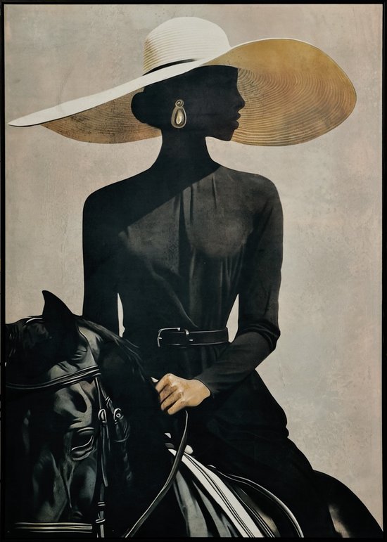 Een schilderij van een silhouet van een vrouw met grote beige hoed, zwarte jurk, op een zwart paard.