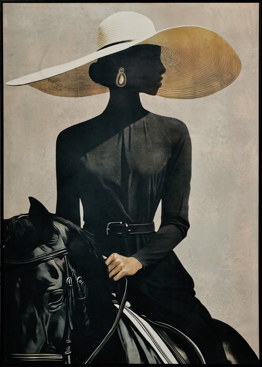 Ter Halle - Handgeschilderd Schilderij - Wanddecoratie - Vrouw Op Zwart Paard - Beige - Zwart - 80x120cm