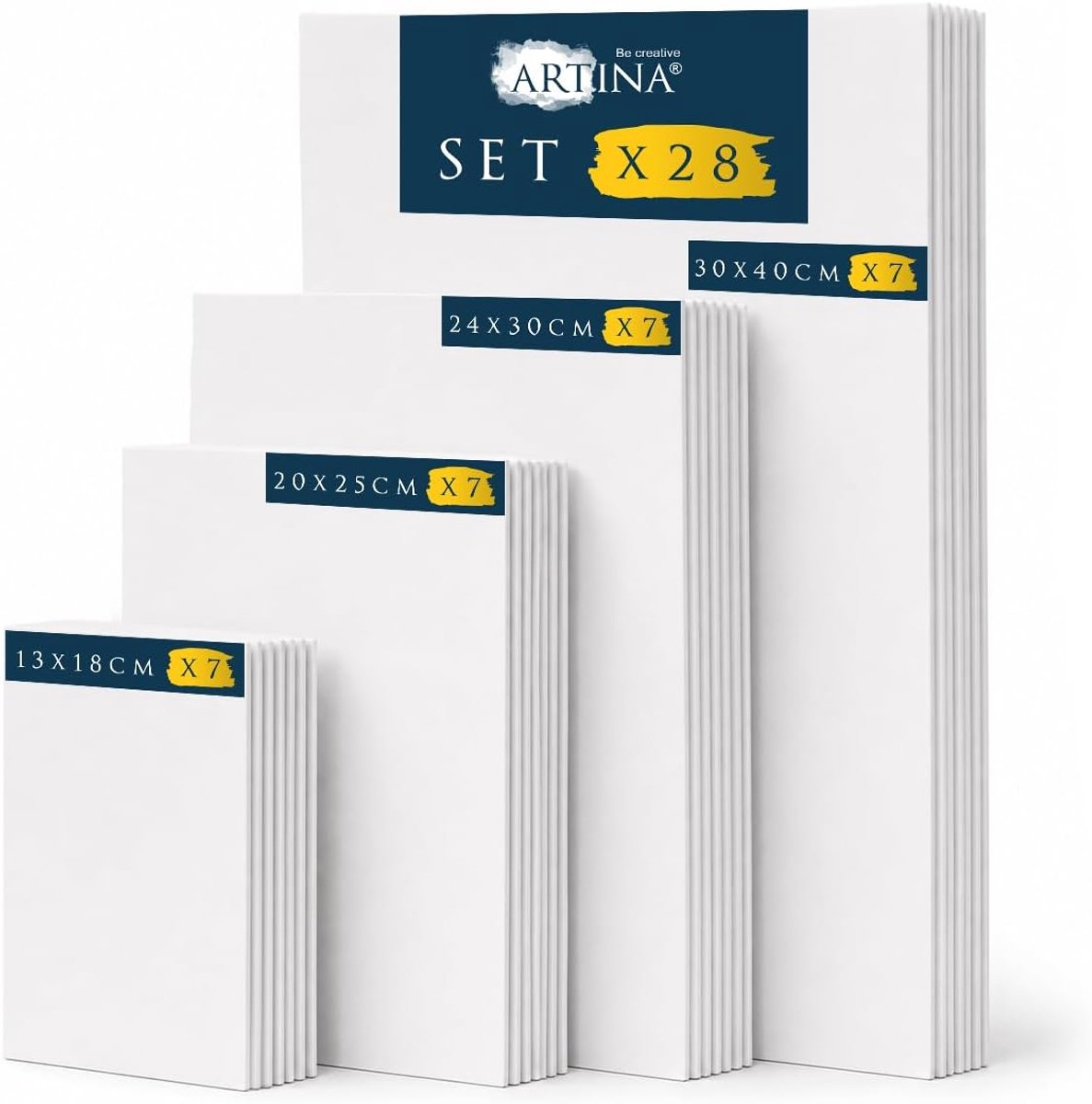 Artina 28-delige set canvaspanelen schilderskarton 3mm, 7x 13x18/20x25/24x30/30x40cm canvaspanelen, 100% katoen, 3x gegrond, 280g/m²