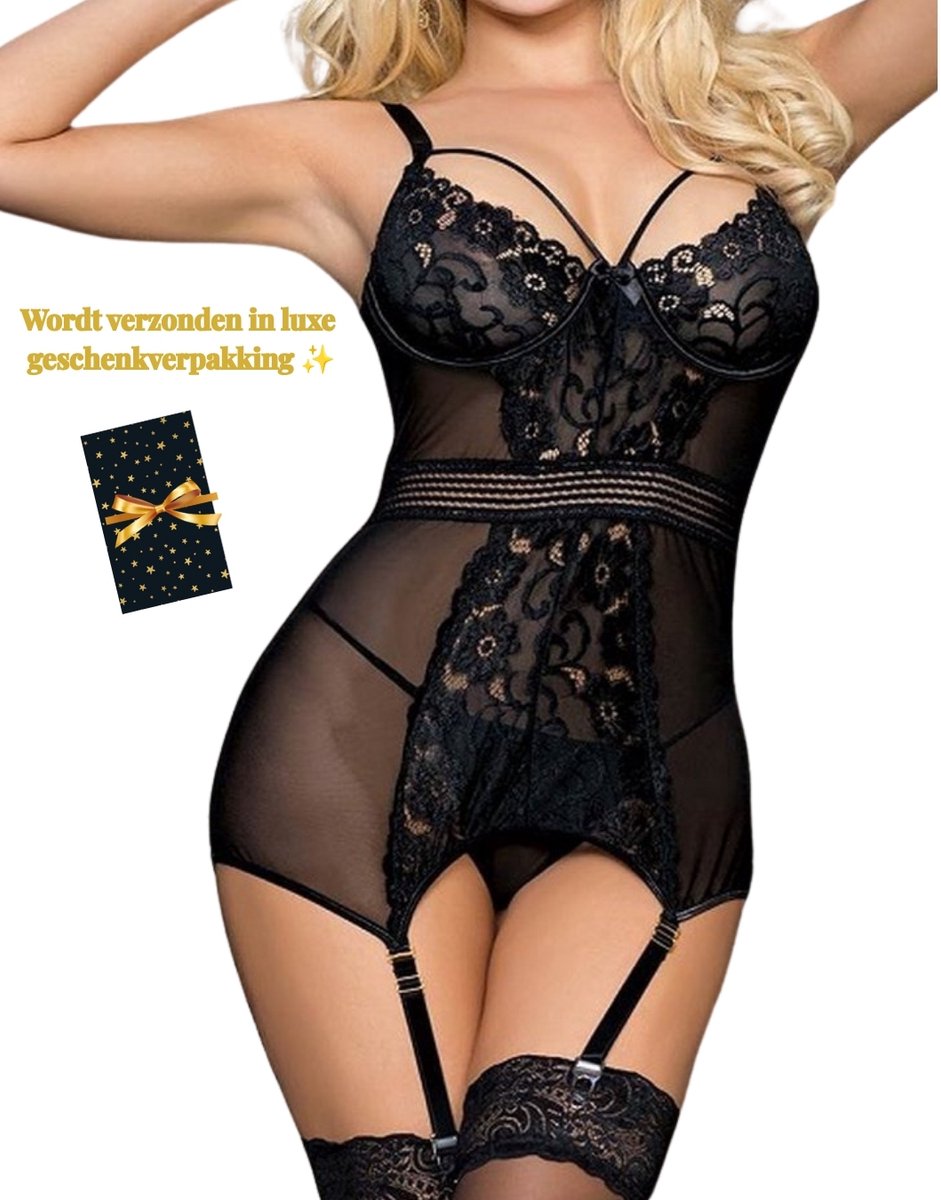 Dare to Undress – 2-Delige Lingerieset Dames – Bodysuit met Jarretels – Lingerie Erotisch – Sexy Jurkje – Erotische Lingerie – Sexy Lingerie – Chique Jurk – High End Bodysuit – Luxe Nachtkleding – BDSM – Boudoir – Clubwear – Wasteland – Maat S