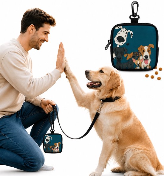 Man en hond geven elkaar een high five. Op de achtergrond, een blauw hondensnoeptasje met hondenillustraties, en losse hondenbrokken.
