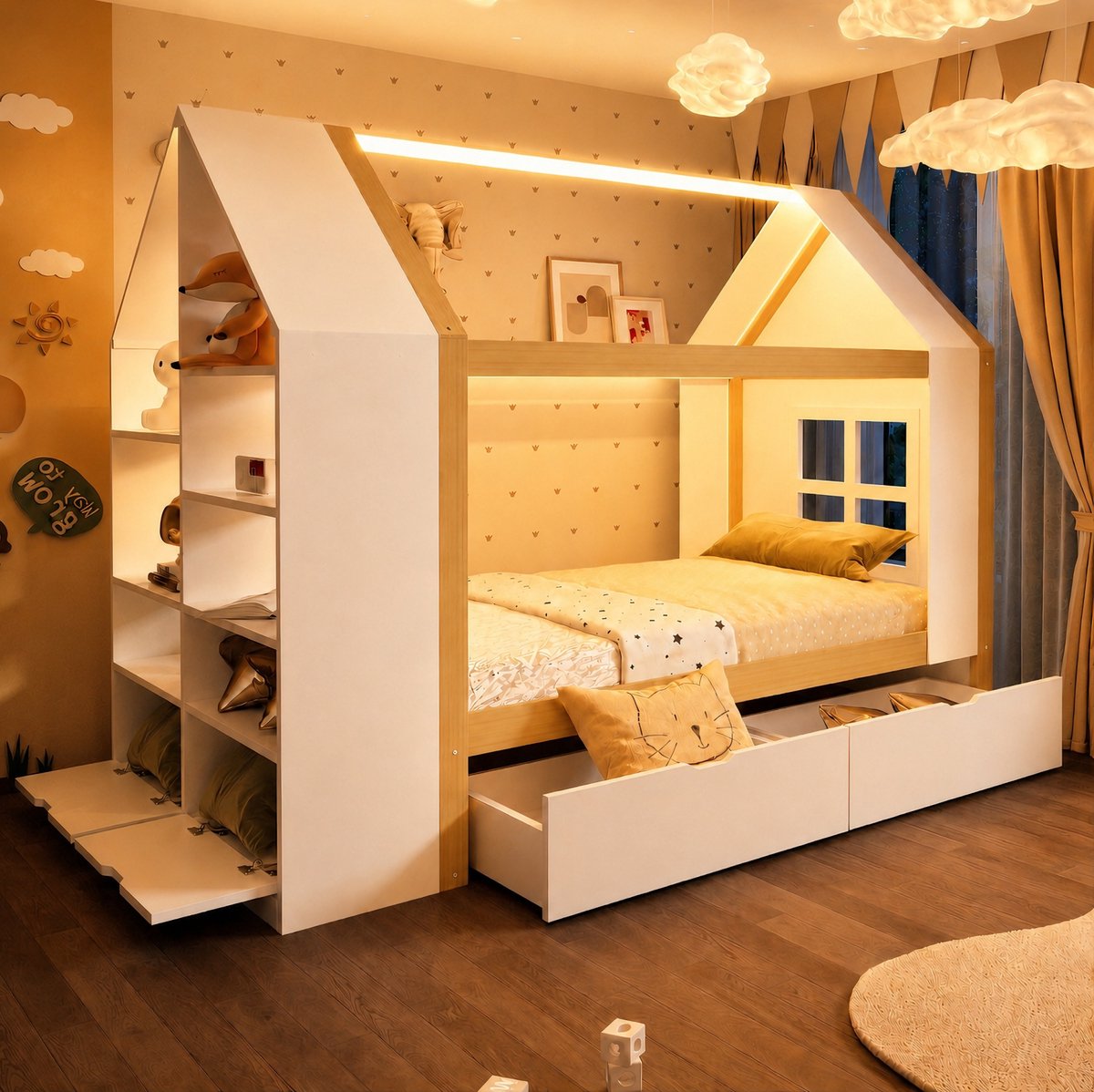 MODENUIT Kinderbed – 90 x 200 cm – Met 2 Laden en LED – Hout en MDF – Wit en Houtkleur – Opbergruimte