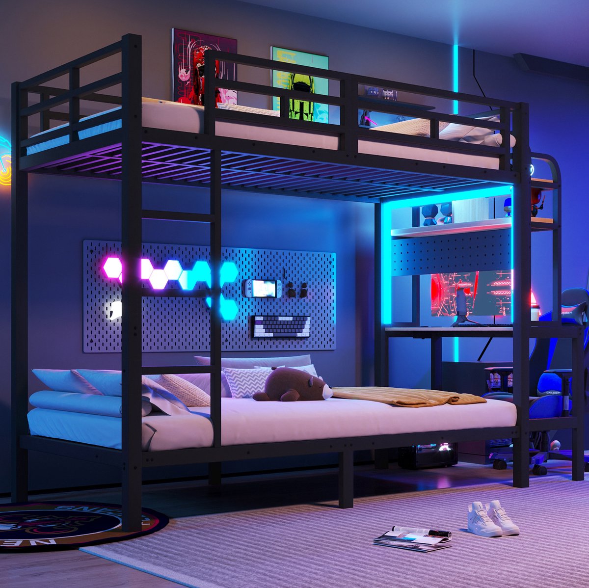 MODENUIT Stapelbed – 90 x 200 cm – Metaal en MDF – Zwart – Met Bureau, Opbergruimte, LED en USB