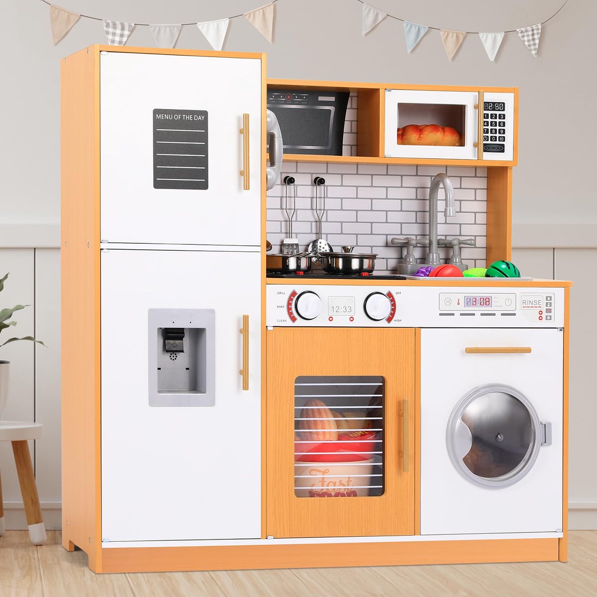 Houten Speelgoed Keuken - Kinderkeuken - met Echt Licht en Geluiden - MDF Keukenspeelset - voor Kinderen Vanaf 3 Jaar