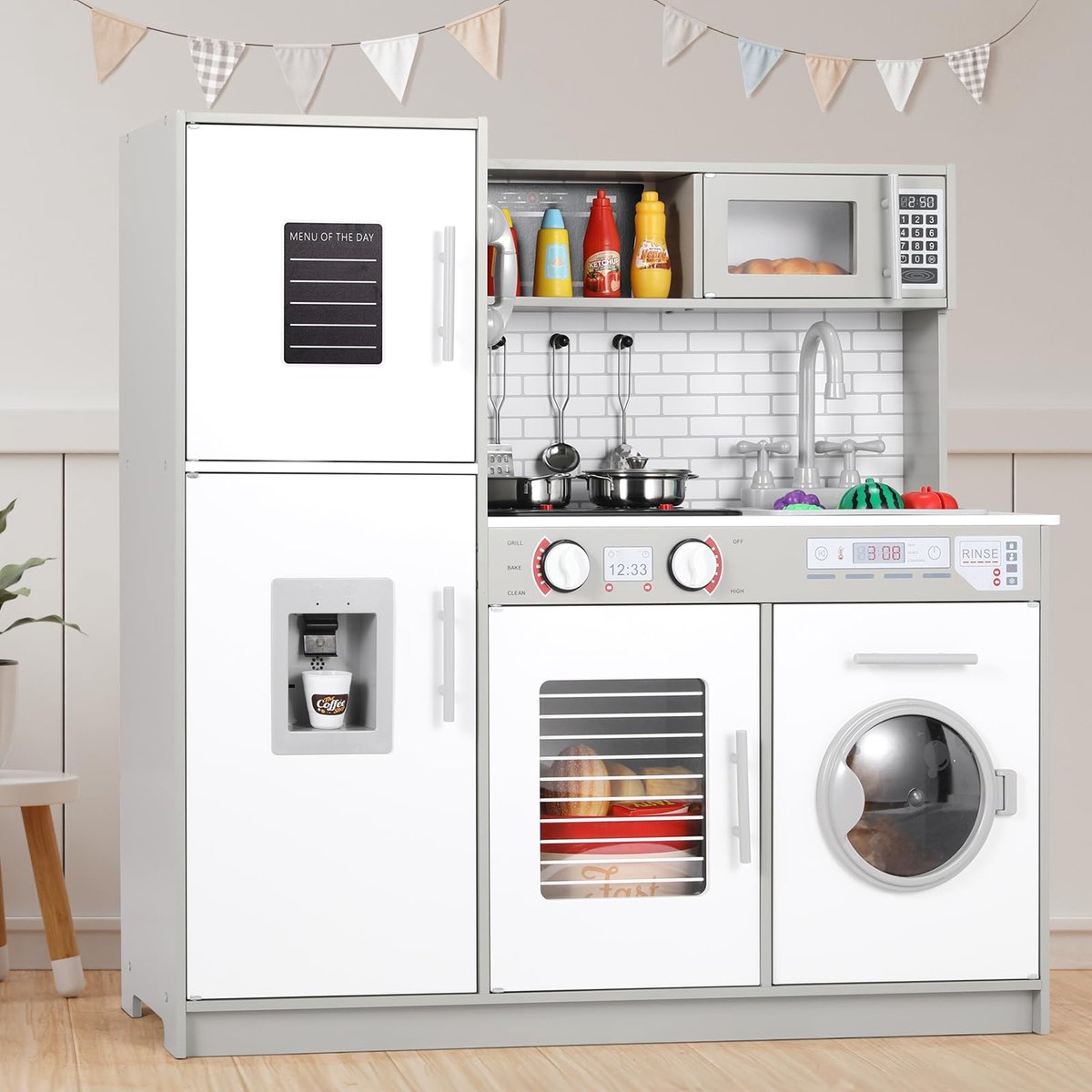 Houten Speelgoed Keuken - Kinderkeuken - met Echt Licht en Geluiden - MDF Keukenspeelset - voor Kinderen Vanaf 3 Jaar