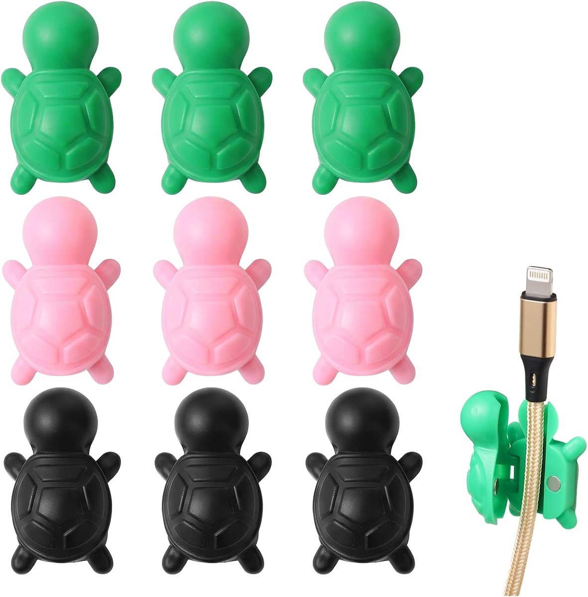 Magnetische Schildpad Kabelhouder met 9 Kabelsleuven - Kabel Organizer voor Bureau en Nachtkastje - Voor USB Kabels - Opladers en Oortelefoons - Groen - Roze en Zwart