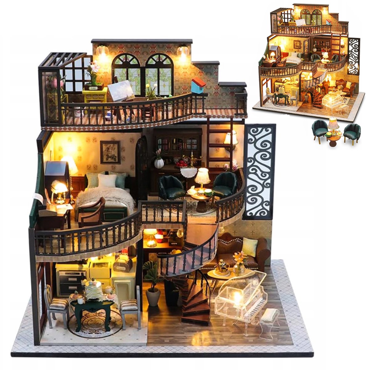Creatieve 3D-puzzelset - DIY-modelbouw - Vintage architectuurmodel - Mini houten huisje - 3D houten huisje - Inclusief ledverlichting, pincet, lijm en liniaal – Woondecoratie - Houten bouwwerk - Modelcadeau