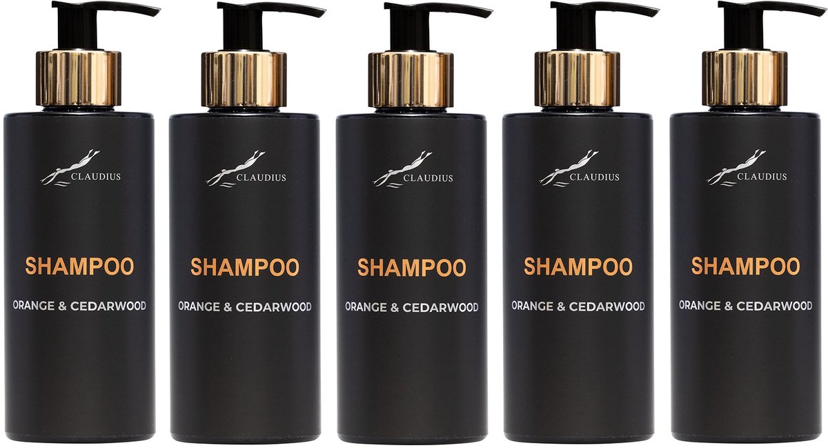 Shampoo Orange & Cedarwood 300 ml - met gouden pomp - zwarte fles - set van 5 stuks - Voordeelverpakking