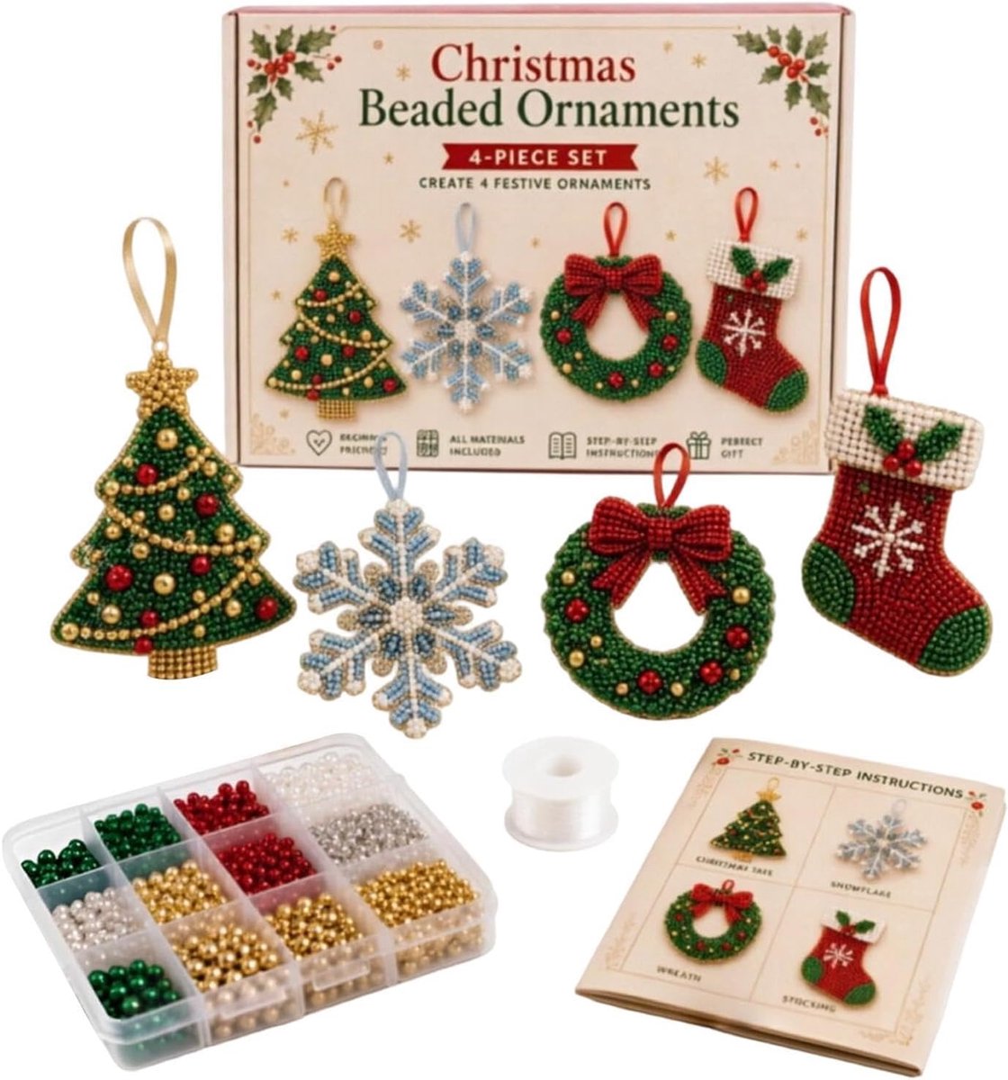 Handgemaakte Kralen Kerstkrans & Sneeuwvlok Decoratie Knutselpakket | Familiaal Kerst Kralenatelier voor Alle Leeftijden | Beginnersvriendelijke Kralenset | DIY Kerstboomornamenten & Armbanden | Feestcadeau voor Tieners en Volwassenen| Cyslmuk®