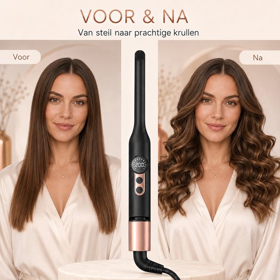 Voor-en-na vergelijking van steil bruin haar en golvend bruin haar, met een zwarte krultang in het midden.