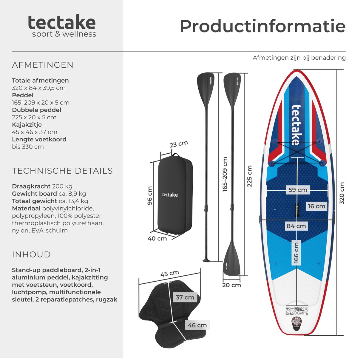 tectake® Stand-Up Paddle Board 320 cm – 2-in-1 Opblaasbaar SUP Board – Complete Set met Kajakzitje, Peddel, Pomp en Rugzak – Antislip EVA Dek – Max. 200 kg – rood / blauw – foto 2