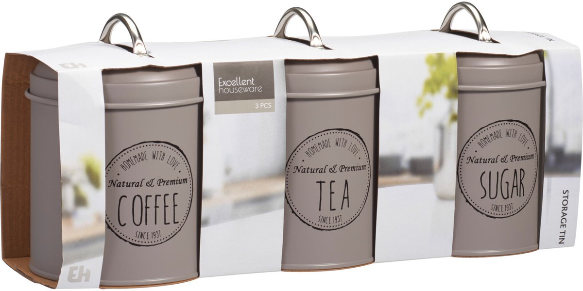 Excellent Houseware Keuken voorraad blikken - 3x stuks - taupe - suiker - thee - koffie - 11 x 16 cm - Vintage look