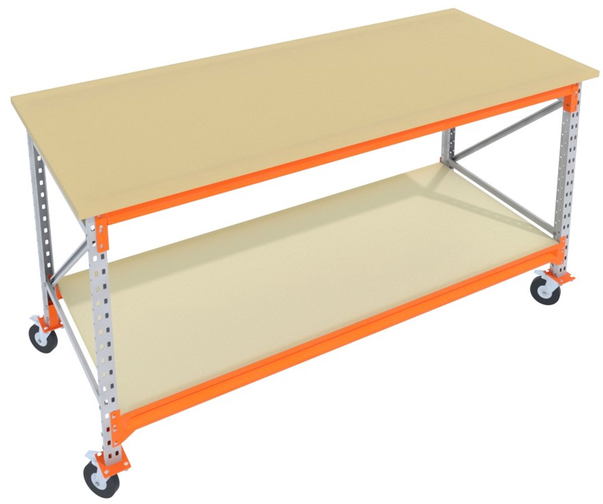 Verrijdbare Werkbank & Inpaktafel mobiel Galva 200cmx85cm - 2 niveaus (multiplex, zwarte wielen)