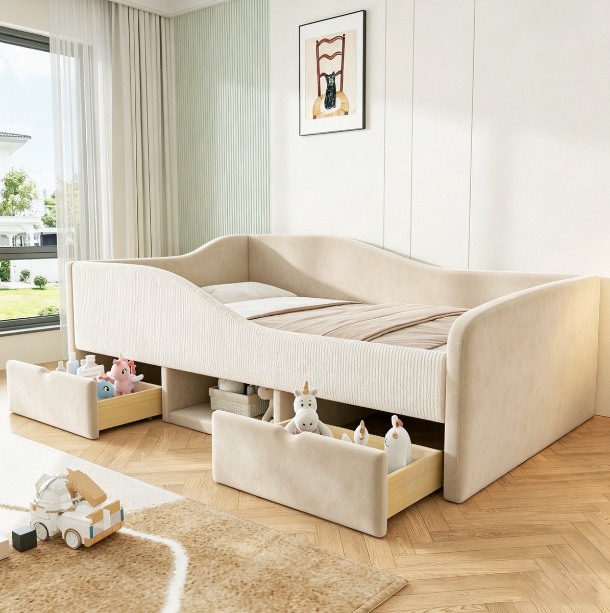STILVORA Kinderbed 90x190 Cm – Gestoffeerd Bed Met Beschermhekje En 2 Lades – Lattenbodem En Opbergruimte – Voor Kinderkamer – Stof – Beige Zonder Matras