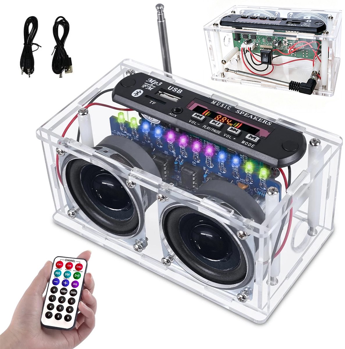 Soldeerkit voor Bluetooth-luidspreker - Inclusief FM-radio, USB-poort, LED-lampje en afstandsbediening - 6W vermogen - FM Bluetooth-luidspreker - met LED-volume-indicator - FM-radio - Luidspreker met kaartsleuf - Acryl behuizing - Wit