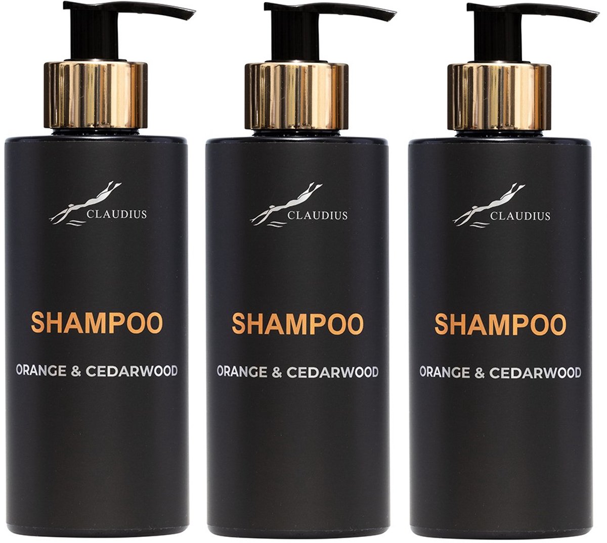 Shampoo Orange & Cedarwood 300 ml - met gouden pomp - zwarte fles - set van 3 stuks - Voordeelverpakking