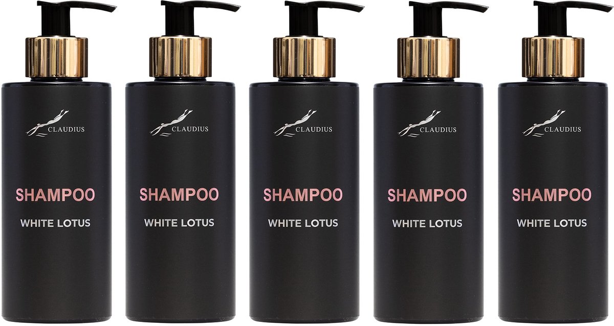 Shampoo White Lotus 300 ml - met gouden pomp - zwarte fles - set van 5 stuks - Voordeelverpakking