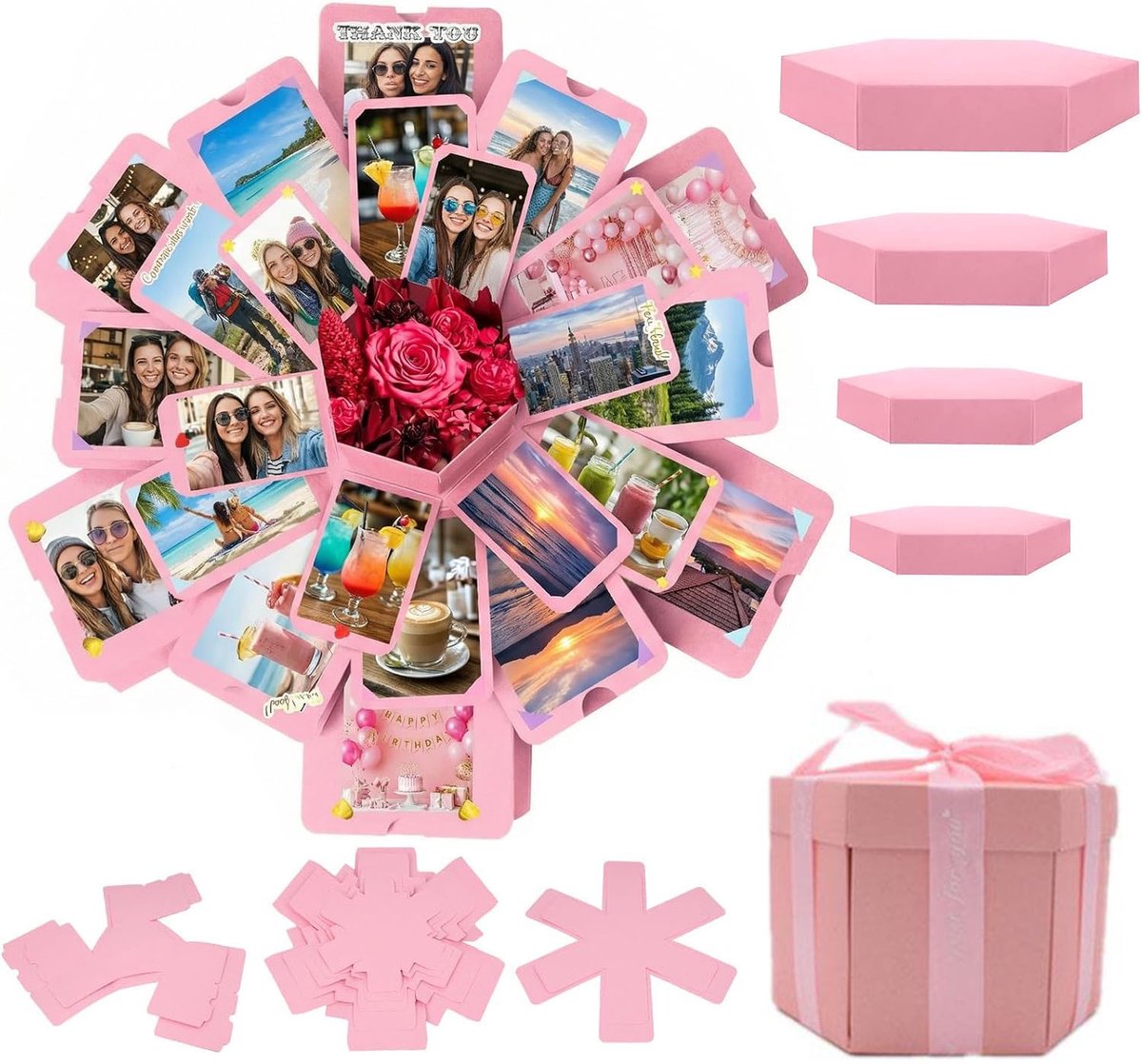 Explosion Box - Foto Box - Fotoalbum - Mistery Box - Unieke geschenkdoos - Explosie Foto Doos - Fotoboek - Album - Explosie box - Fotobox - Opbergdoos - Knutselen - Geweldig Cadeau voor Vrouw & Man - DIY zelfbouwpakket - DIY Mystery Gift Box - Roze