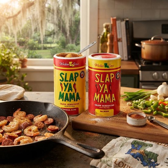 Twee blikken Slap Ya Mama Cajun kruiden staan op een houten snijplank. Een pan met garnalen en worstjes staat vooraan.