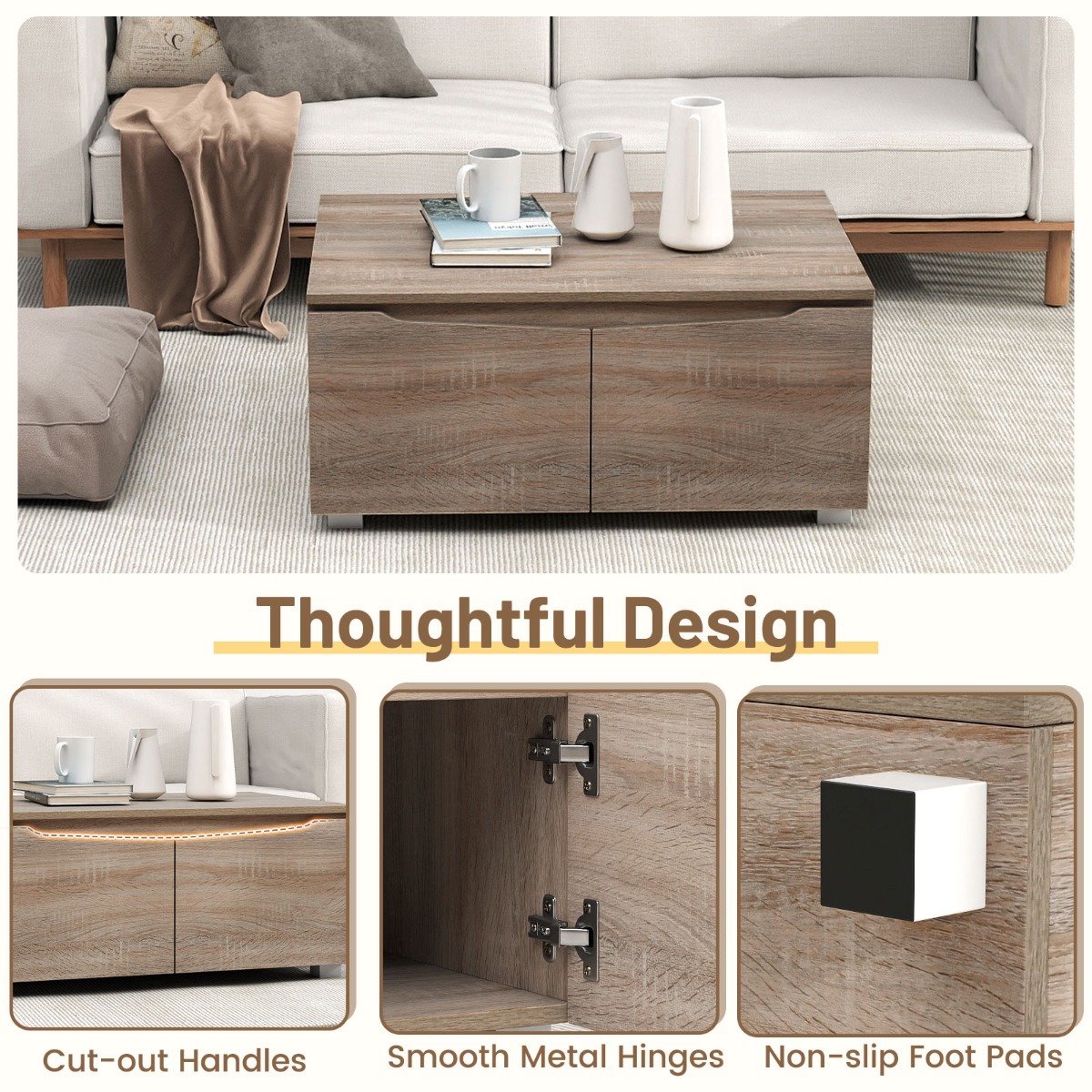 SureDeal® - Salontafel - Rustieke - Verborgen Opbergruimte Rechthoekige - Deuren - Dubbele Deuropening - 80x60x37 cm - Koffiebruin