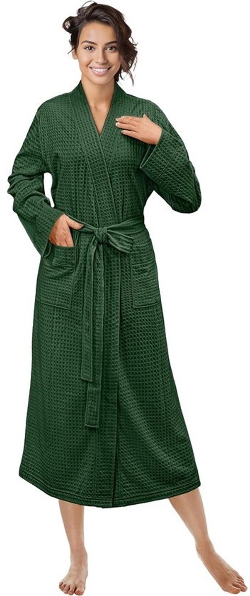 Lange Wafel Gebreide Kimono Robe voor Dames, Zachte Ademend Lichtgewicht Badjas met Zijzakken