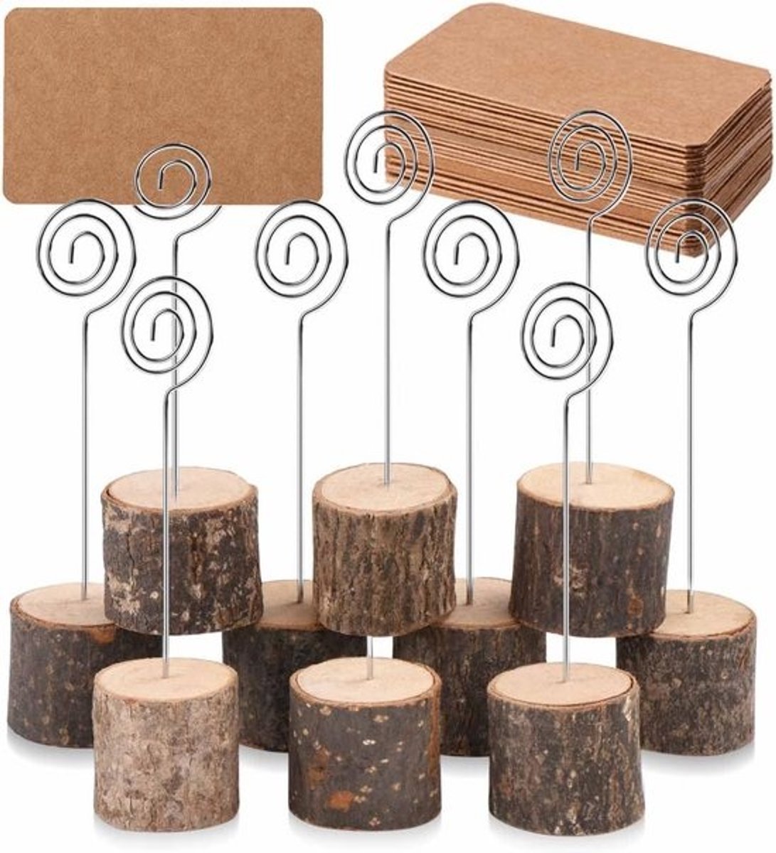 Premium Houten Plaats Kaarthouders met Swirl Draad en Kraft Plaats Kaarten - 10 Stuks
