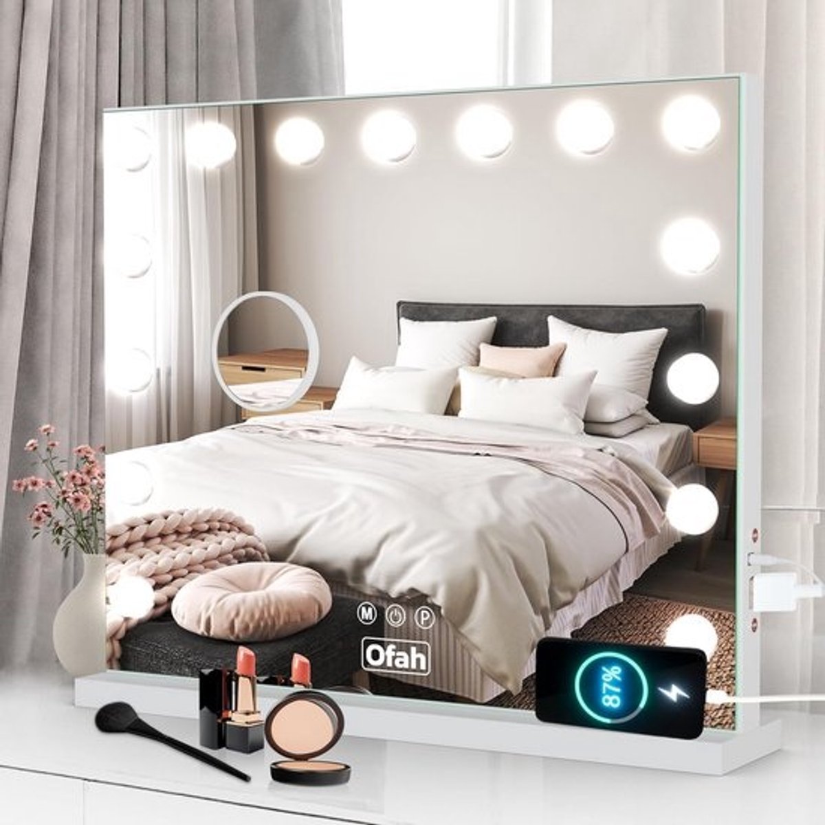 58 × 48 cm grote Hollywood make-upspiegel met verlichting verlichte make-upspiegel met 15 dimbare LED-lampen, 3 kleurmodi touchscreen bediening, cosmetische tafelspiegels voor kleedkamer UK Plug