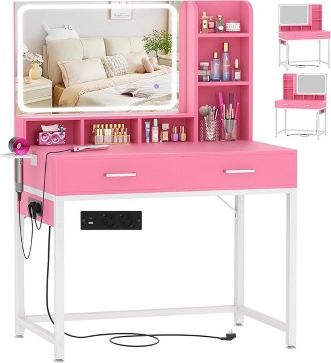Kaptafel met LED-verlichting en Spiegel - Roze Cosmetische Tafel met Veel Opbergruimte