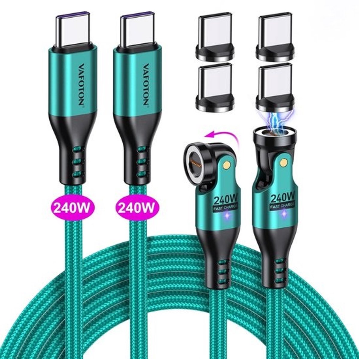 Magnetische USB C Oplaadkabel 2-Pack - 240W PD Snel Opladen