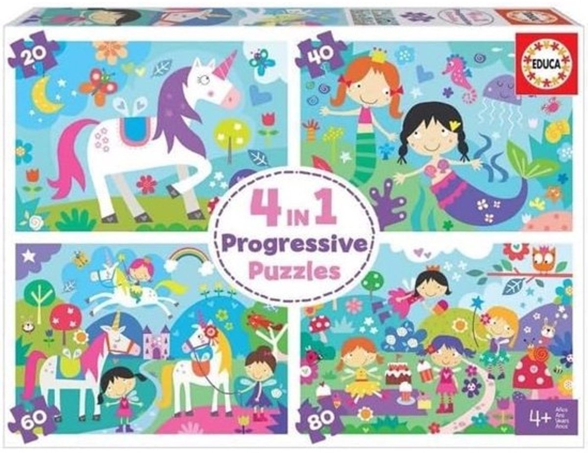 Creatieve 4-in-1 Fantasie Puzzels voor Kinderen - Progressieve Puzzels met 20, 40, 60 en 80 Stukjes vanaf 4 Jaar