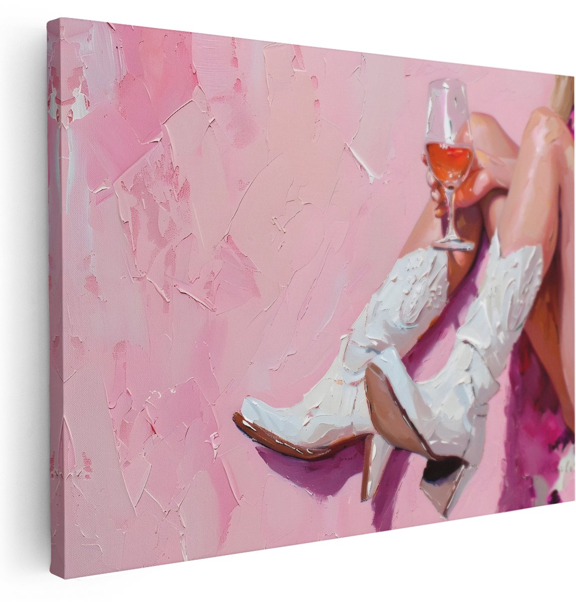 Artaza Canvas Schilderij Vrouw Met Wijn - 160x120 cm - Groot - Roze Wanddecoratie - Muurdecoratie Modern - Witte Cowboylaarzen Schilderijen Op Canvas