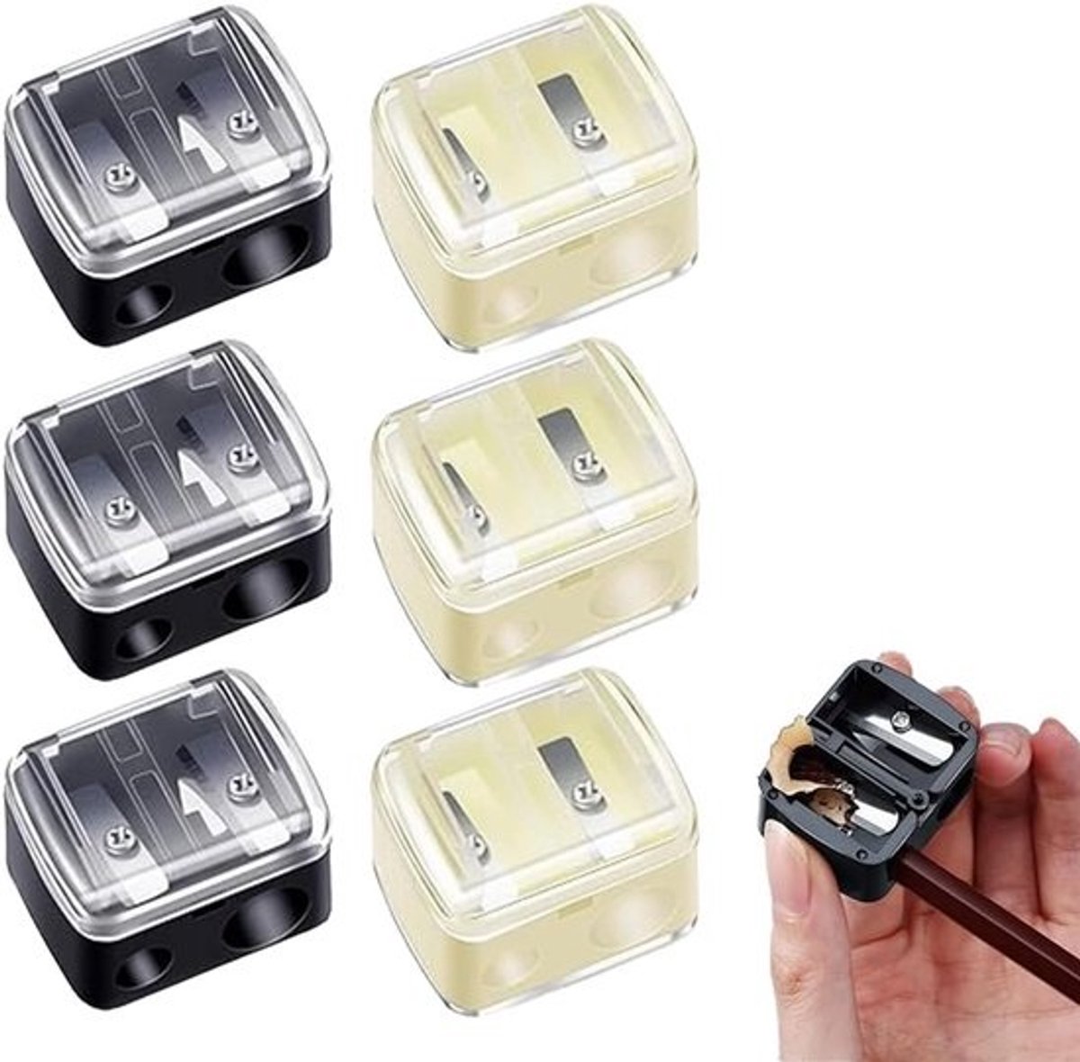 Set van 6 Compacte Dubbele Puntenslijpers voor Make-up Potloden en Eyeliners