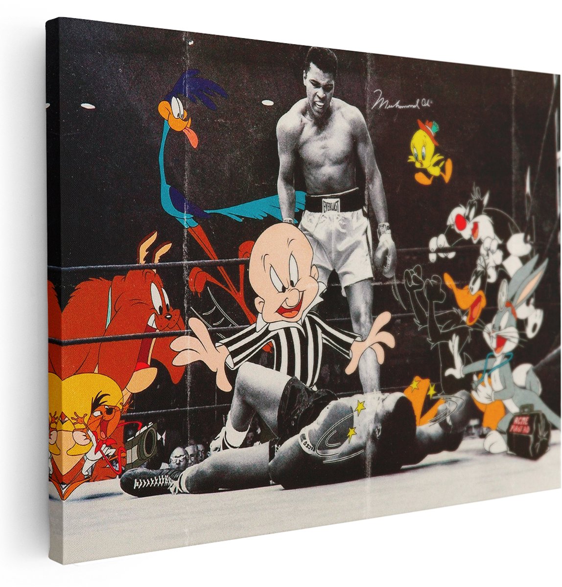 Artaza Canvas Schilderij Boksen - 160x120 cm - Groot - Wanddecoratie Muhammad Ali - Muurdecoratie Cartoon Art - Schilderijen Op Canvas