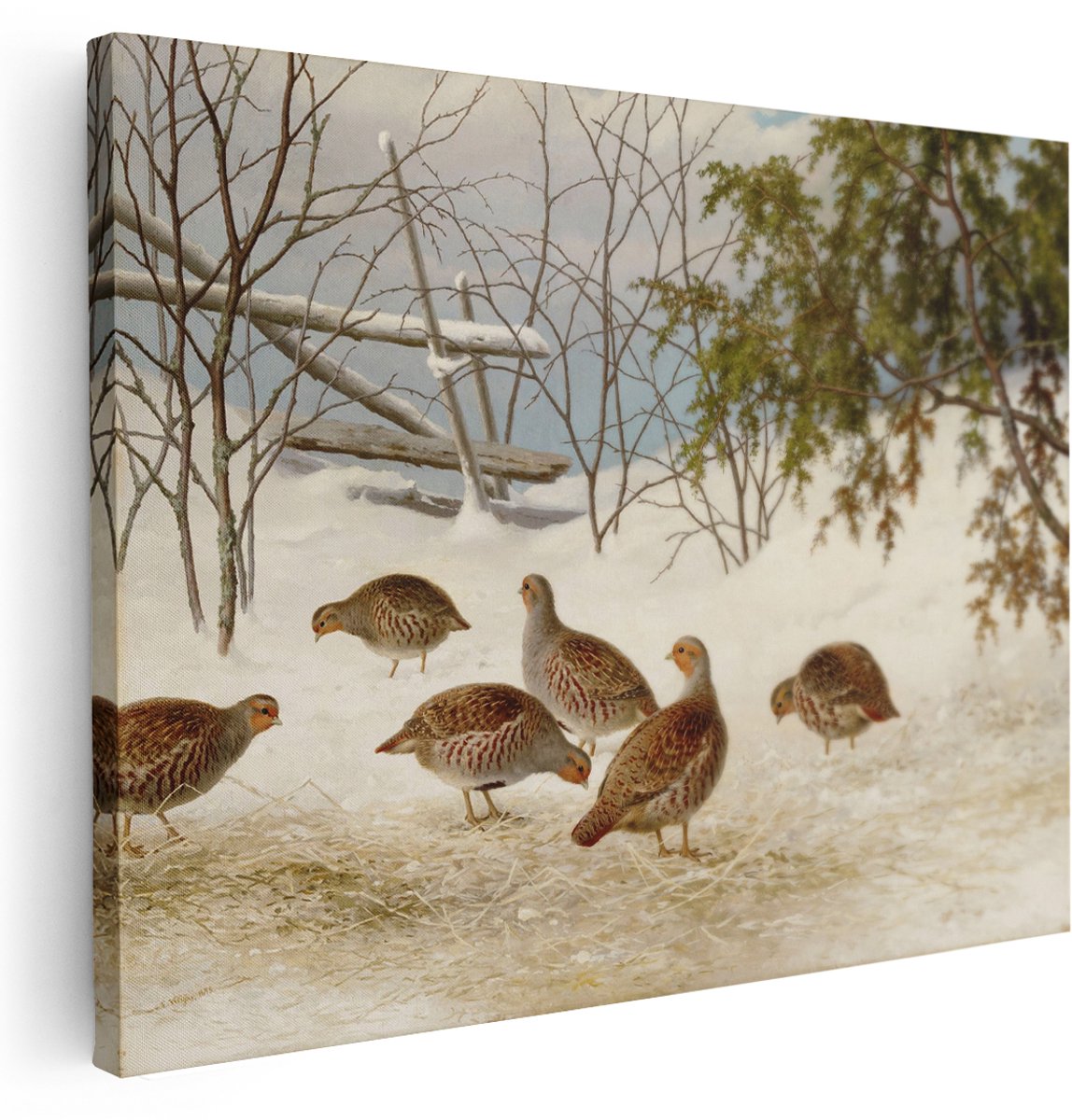 Artaza Canvas Schilderij Vogels In De Sneeuw - 160x120 cm - Groot - Wanddecoratie Patrijzen - Muurdecoratie Natuur - Kamer Accessoires Winter